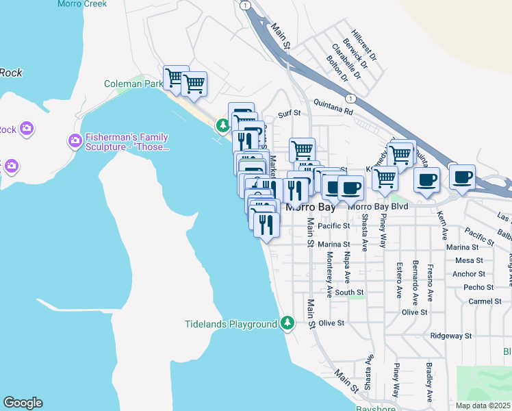 map of restaurants, bars, coffee shops, grocery stores, and more near 725 Embarcadero in Morro Bay