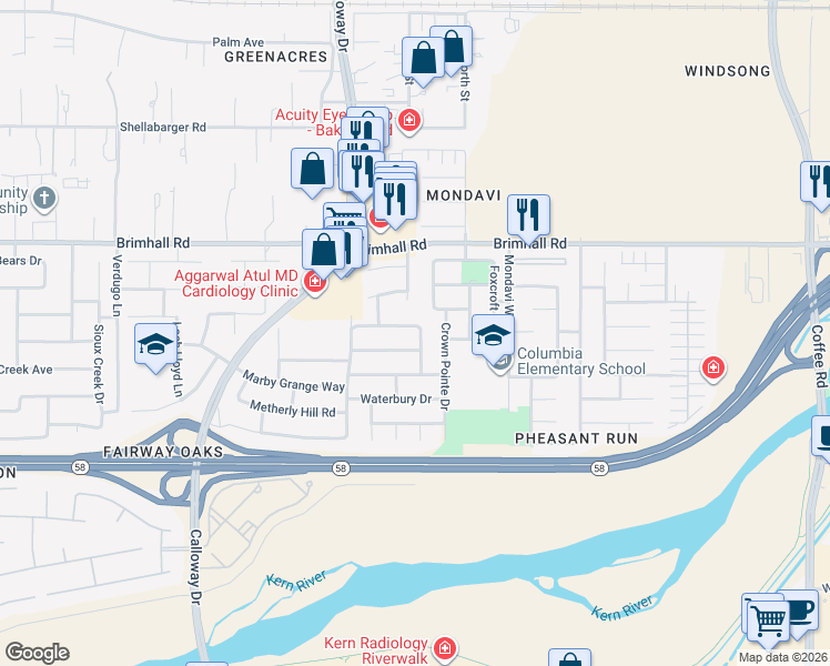 map of restaurants, bars, coffee shops, grocery stores, and more near 9502 Ravenwood Drive in Bakersfield