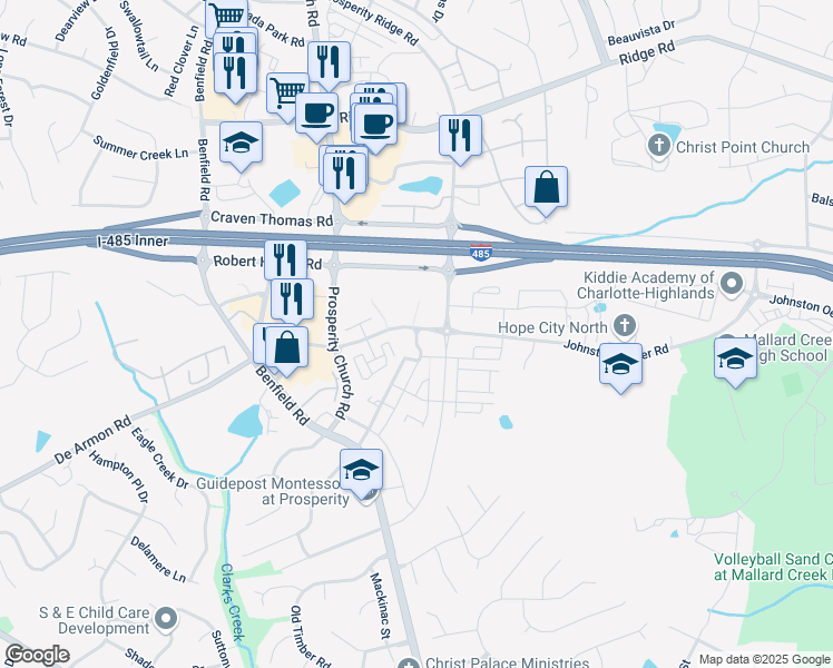 map of restaurants, bars, coffee shops, grocery stores, and more near 4503 Johnston Oehler Road in Charlotte