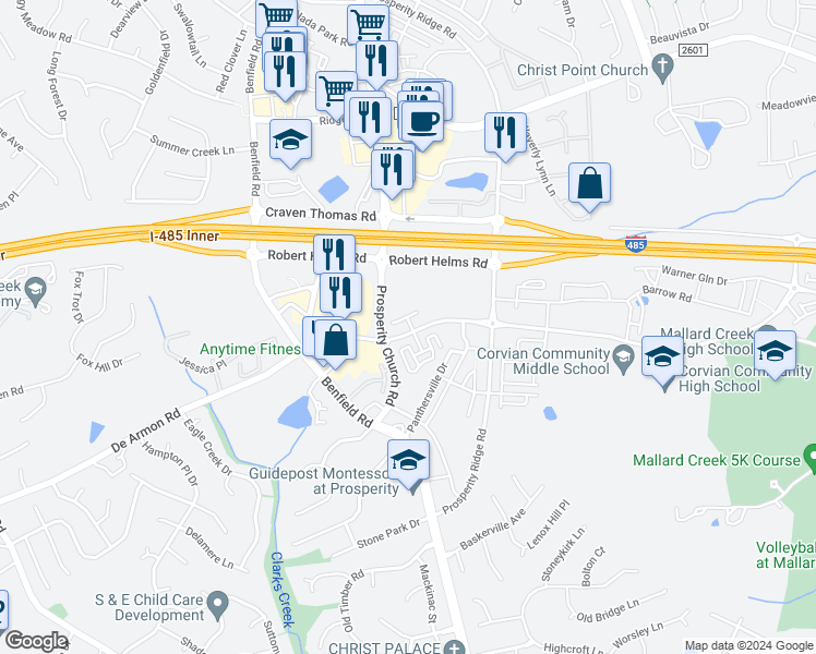 map of restaurants, bars, coffee shops, grocery stores, and more near 12751 Livengood Lane in Charlotte