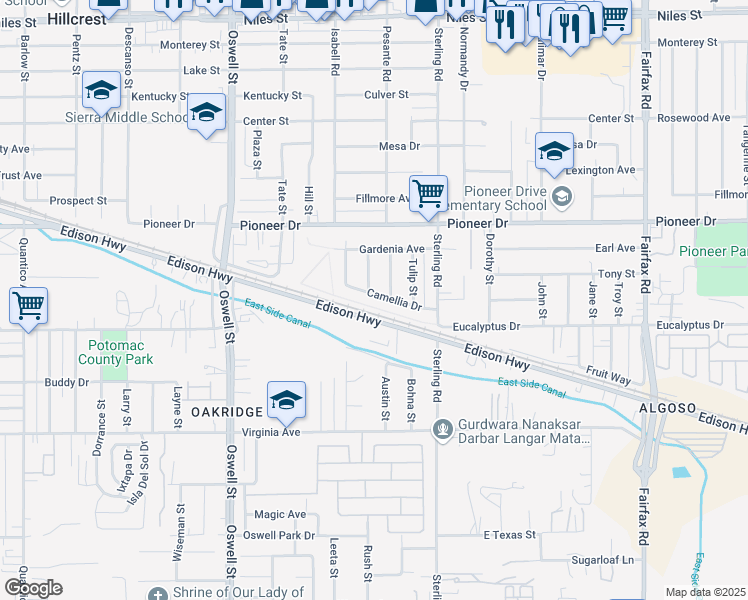 map of restaurants, bars, coffee shops, grocery stores, and more near 3317 Camellia Drive in Bakersfield