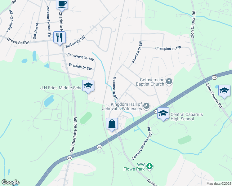 map of restaurants, bars, coffee shops, grocery stores, and more near 658 Treasure Drive Southwest in Concord