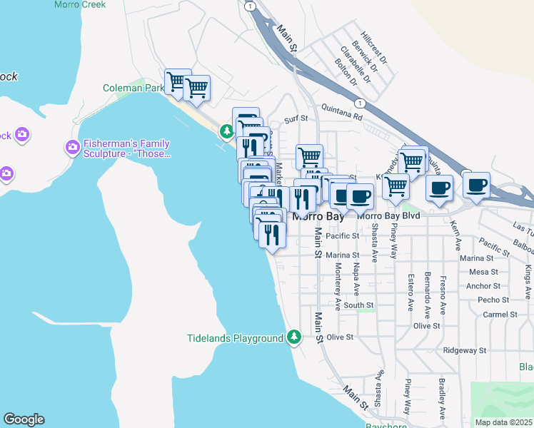 map of restaurants, bars, coffee shops, grocery stores, and more near 725 Embarcadero in Morro Bay