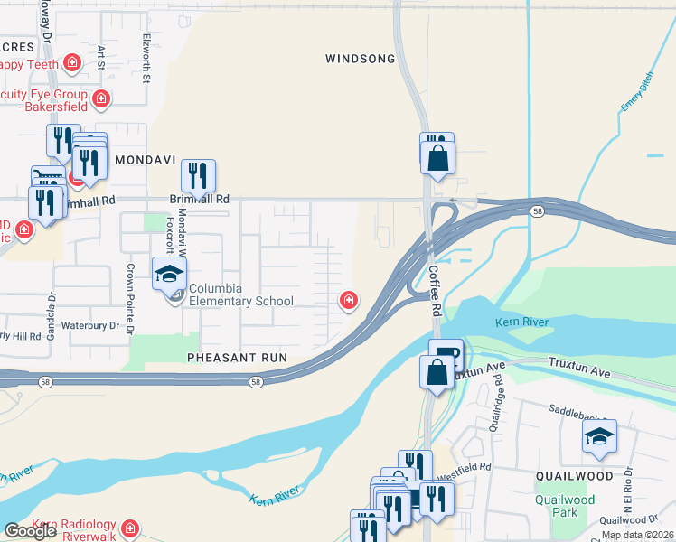 map of restaurants, bars, coffee shops, grocery stores, and more near 807 Jasmine Parke Drive in Bakersfield
