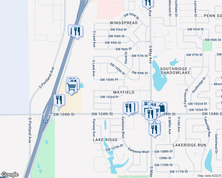 map of restaurants, bars, coffee shops, grocery stores, and more near 10213 Bay Court in Oklahoma City