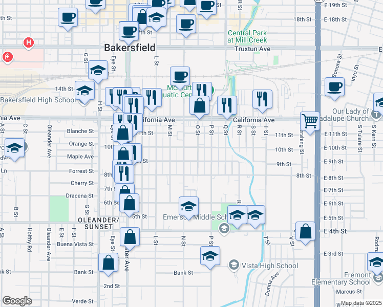 map of restaurants, bars, coffee shops, grocery stores, and more near 1100 9th Street in Bakersfield