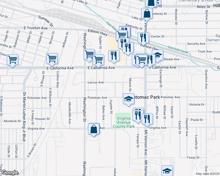 map of restaurants, bars, coffee shops, grocery stores, and more near 2029 Lucky Street in Bakersfield