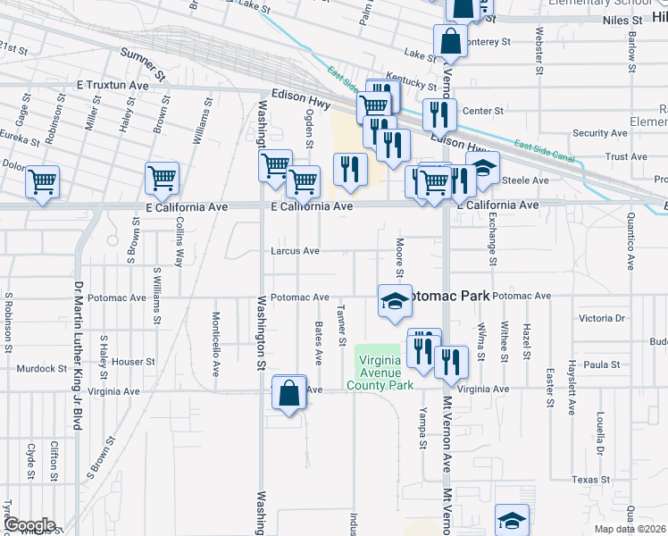 map of restaurants, bars, coffee shops, grocery stores, and more near 2029 Lucky Street in Bakersfield