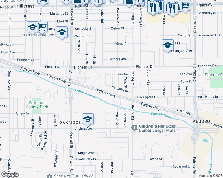 map of restaurants, bars, coffee shops, grocery stores, and more near 3313 Camellia Drive in Bakersfield