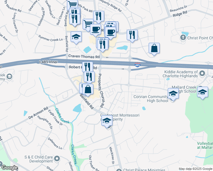 map of restaurants, bars, coffee shops, grocery stores, and more near 12755 Livengood Lane in Charlotte