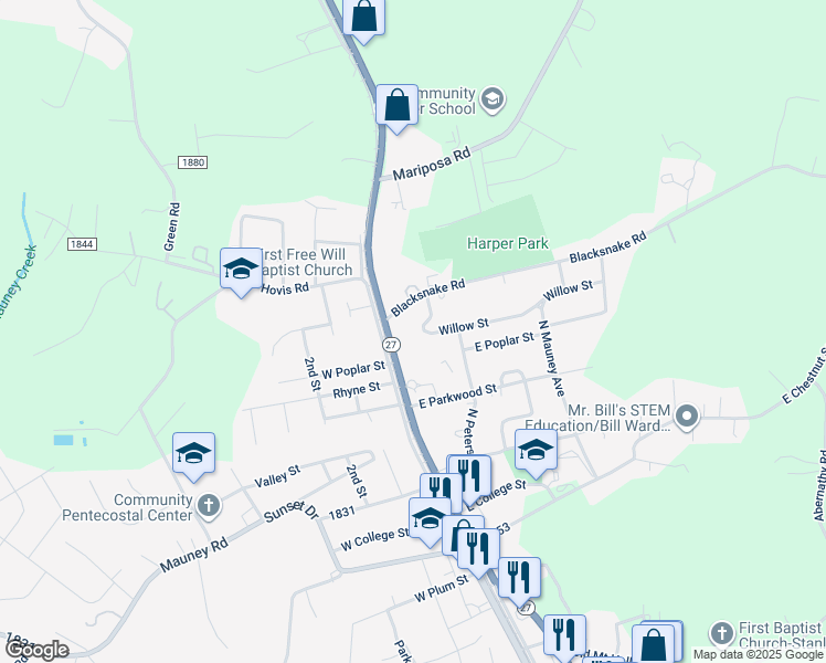 map of restaurants, bars, coffee shops, grocery stores, and more near 118 Willow Street in Stanley
