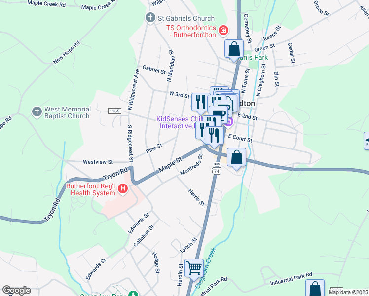 map of restaurants, bars, coffee shops, grocery stores, and more near 134 Maple Street in Forest City