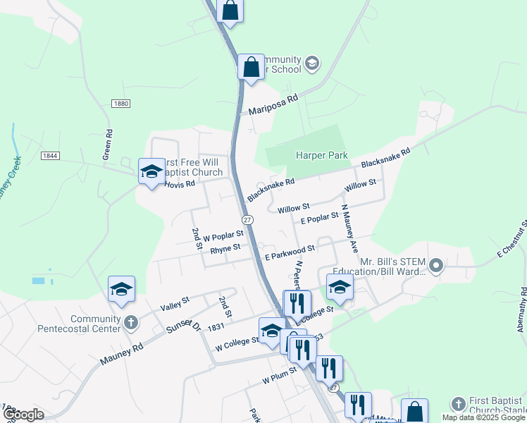 map of restaurants, bars, coffee shops, grocery stores, and more near 118 Willow Street in Stanley