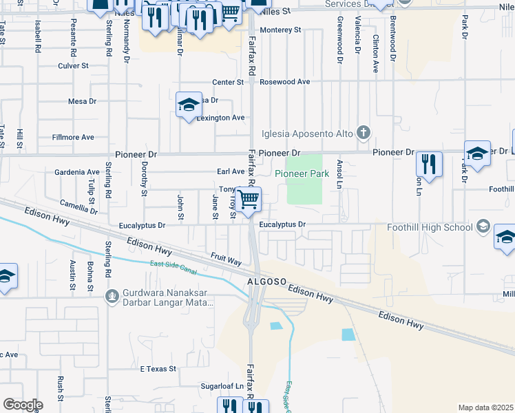 map of restaurants, bars, coffee shops, grocery stores, and more near 405 Fairfax Road in Bakersfield