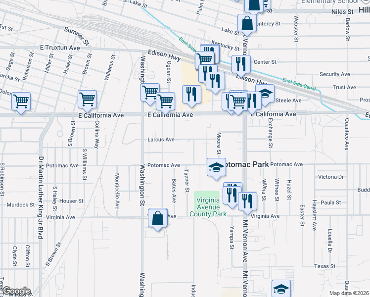map of restaurants, bars, coffee shops, grocery stores, and more near 2029 Lucky Street in Bakersfield