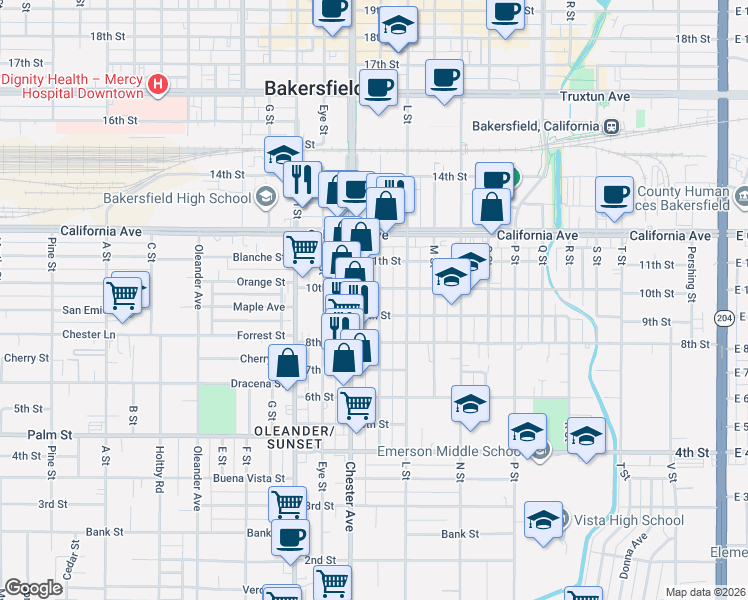 map of restaurants, bars, coffee shops, grocery stores, and more near 830 K Street in Bakersfield