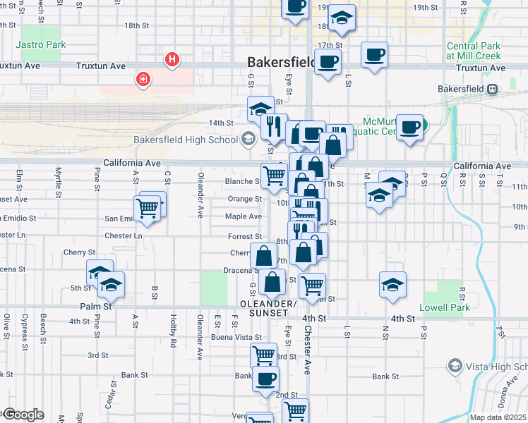 map of restaurants, bars, coffee shops, grocery stores, and more near 1709 Maple Avenue in Bakersfield