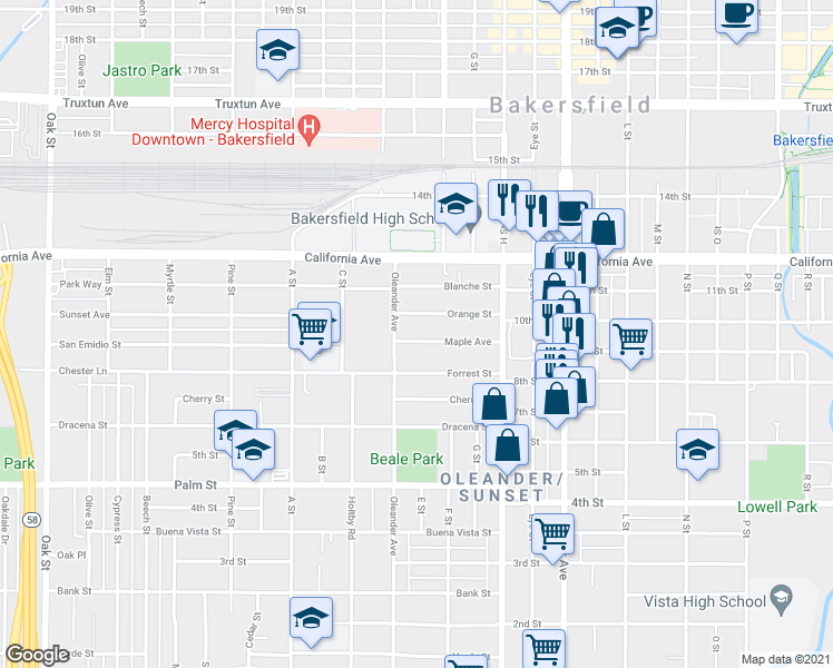 map of restaurants, bars, coffee shops, grocery stores, and more near 822 Oleander Avenue in Bakersfield