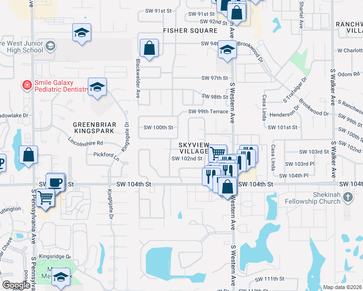 map of restaurants, bars, coffee shops, grocery stores, and more near 1108 Southwest 101st Street in Oklahoma City