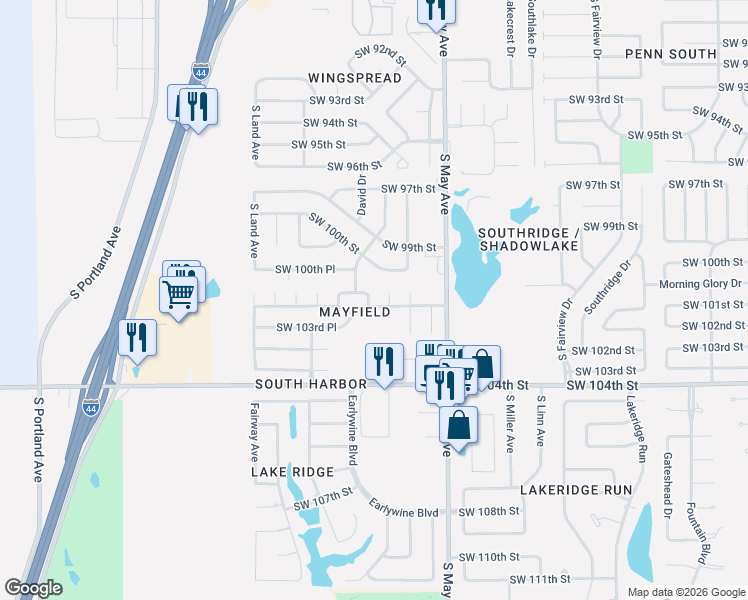map of restaurants, bars, coffee shops, grocery stores, and more near 3032 Southwest 102nd Street in Oklahoma City