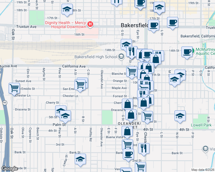 map of restaurants, bars, coffee shops, grocery stores, and more near 822 Oleander Avenue in Bakersfield