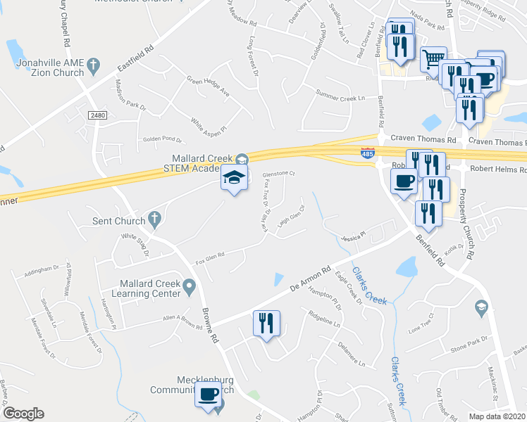 map of restaurants, bars, coffee shops, grocery stores, and more near 11445 Fox Hill Drive in Charlotte