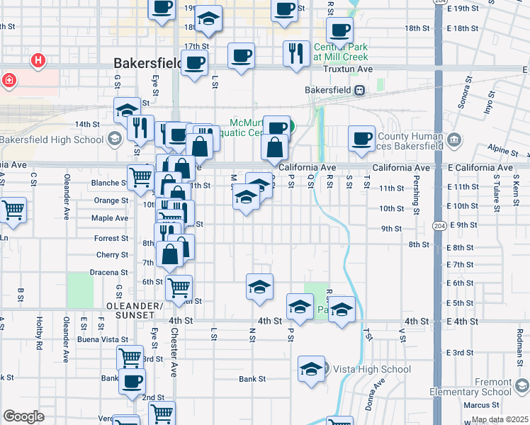 map of restaurants, bars, coffee shops, grocery stores, and more near 1001 10th Street in Bakersfield