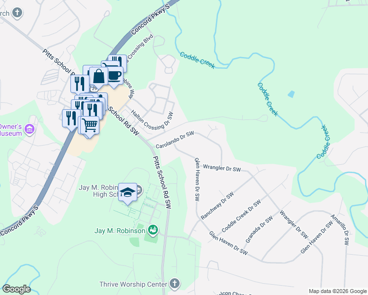 map of restaurants, bars, coffee shops, grocery stores, and more near 3512 Glen Haven Drive Southwest in Concord
