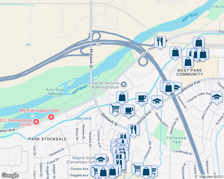 map of restaurants, bars, coffee shops, grocery stores, and more near 5301 Office Park Drive in Bakersfield