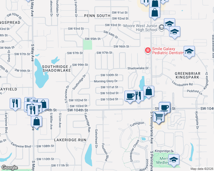 map of restaurants, bars, coffee shops, grocery stores, and more near 2329 Southwest 102nd Street in Oklahoma City