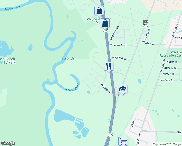 map of restaurants, bars, coffee shops, grocery stores, and more near West Vann Street in Goldsboro