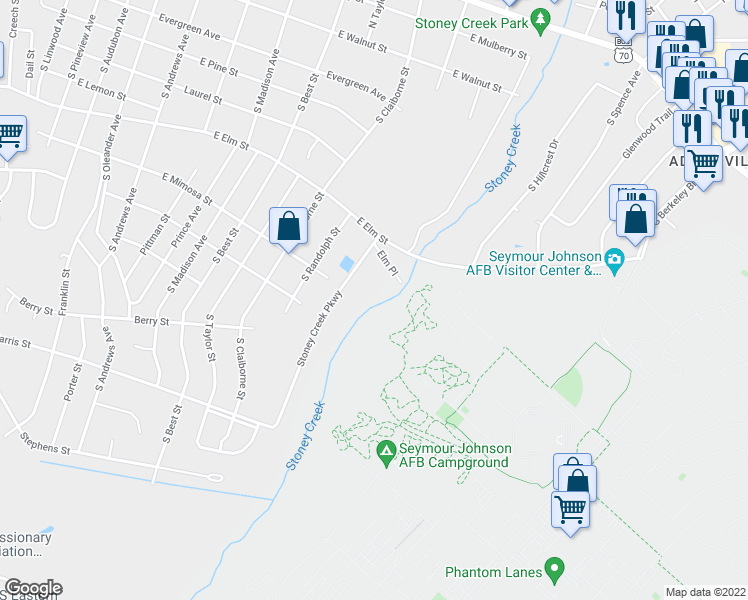 map of restaurants, bars, coffee shops, grocery stores, and more near 2208 East Elm Street in Goldsboro