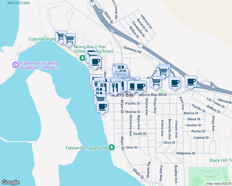 map of restaurants, bars, coffee shops, grocery stores, and more near in Morro Bay