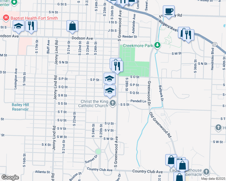 map of restaurants, bars, coffee shops, grocery stores, and more near 2608 South Q Street in Fort Smith
