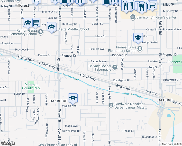 map of restaurants, bars, coffee shops, grocery stores, and more near 3313 Camellia Drive in Bakersfield