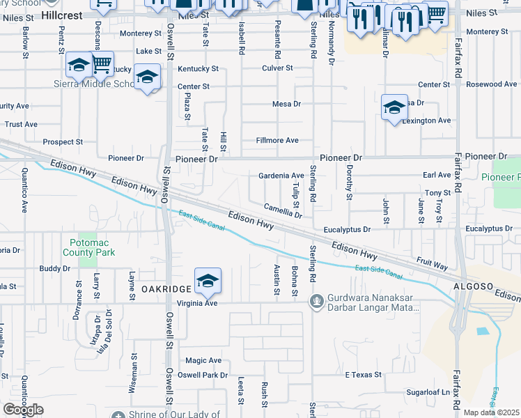 map of restaurants, bars, coffee shops, grocery stores, and more near 3313 Camellia Drive in Bakersfield