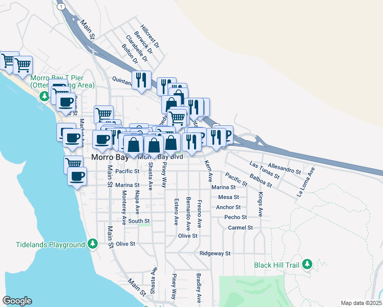 map of restaurants, bars, coffee shops, grocery stores, and more near 736 Bernardo Avenue in Morro Bay