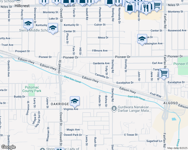 map of restaurants, bars, coffee shops, grocery stores, and more near 3313 Camellia Drive in Bakersfield