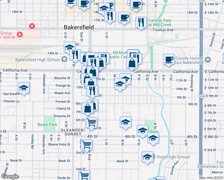 map of restaurants, bars, coffee shops, grocery stores, and more near 1211 9th Street in Bakersfield