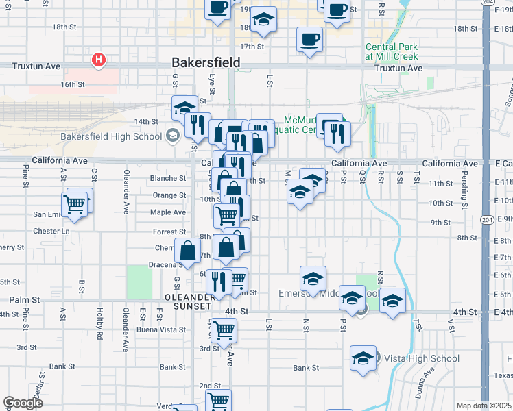 map of restaurants, bars, coffee shops, grocery stores, and more near 830 K Street in Bakersfield