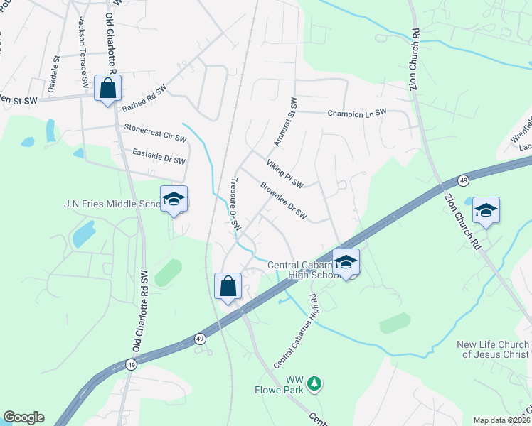 map of restaurants, bars, coffee shops, grocery stores, and more near 251 Laverne Drive Southwest in Concord