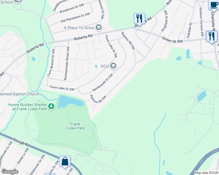 map of restaurants, bars, coffee shops, grocery stores, and more near 823 Rubens Road Southwest in Concord