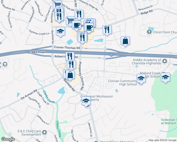 map of restaurants, bars, coffee shops, grocery stores, and more near 12317 McGrath Drive in Charlotte