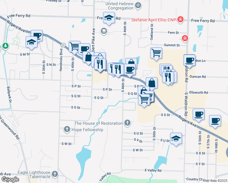 map of restaurants, bars, coffee shops, grocery stores, and more near 1725 South 44th Street in Fort Smith