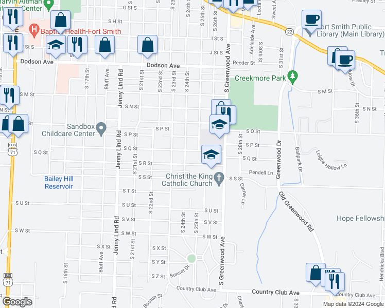 map of restaurants, bars, coffee shops, grocery stores, and more near 2400 South R Street in Fort Smith