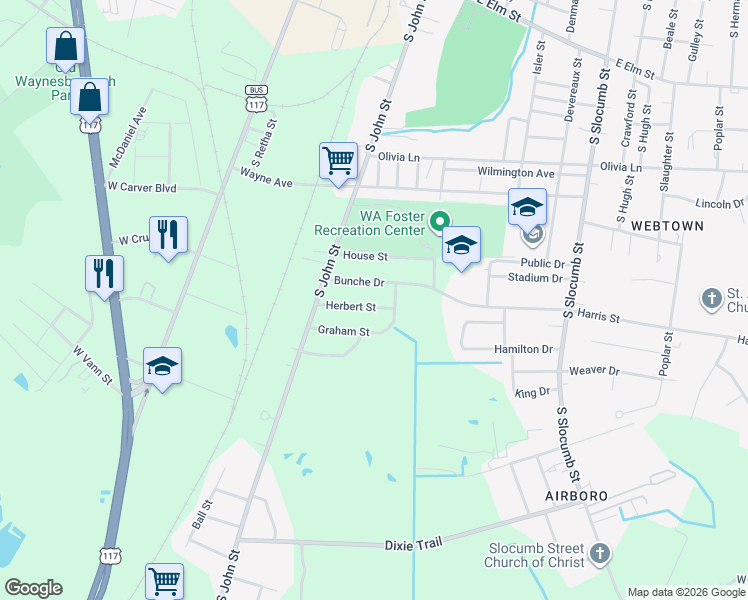map of restaurants, bars, coffee shops, grocery stores, and more near 223 Graham Street in Goldsboro