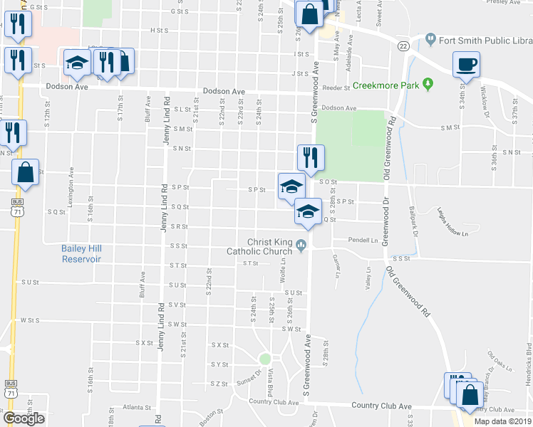 map of restaurants, bars, coffee shops, grocery stores, and more near 2416 South Q Street in Fort Smith