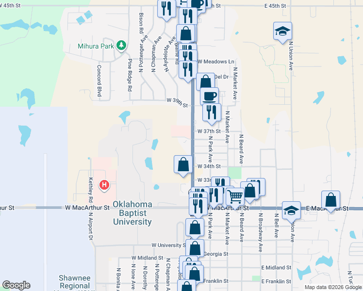 map of restaurants, bars, coffee shops, grocery stores, and more near 3306 North Kickapoo Street in Shawnee