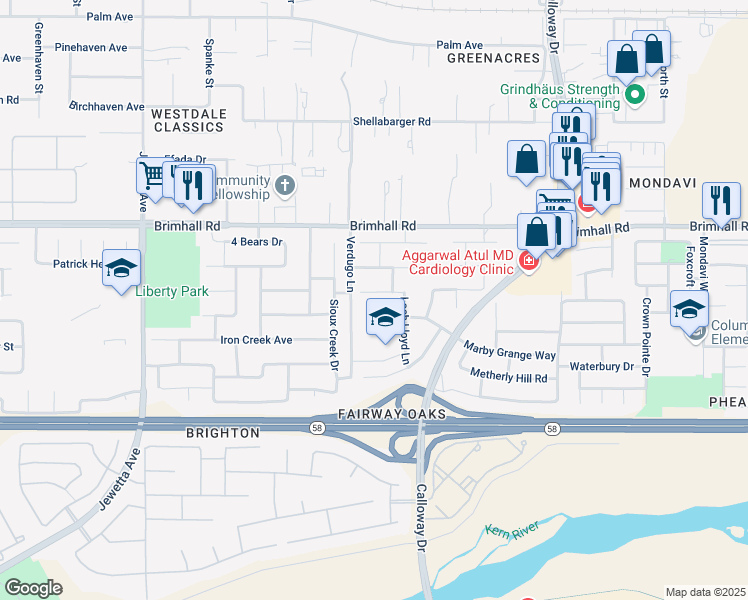 map of restaurants, bars, coffee shops, grocery stores, and more near 10415 Olympia Fields Drive in Bakersfield