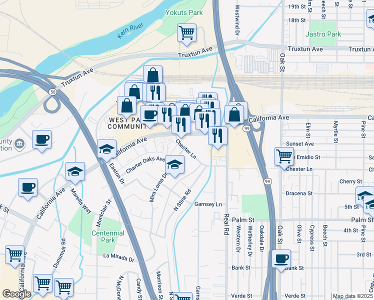 map of restaurants, bars, coffee shops, grocery stores, and more near in Bakersfield
